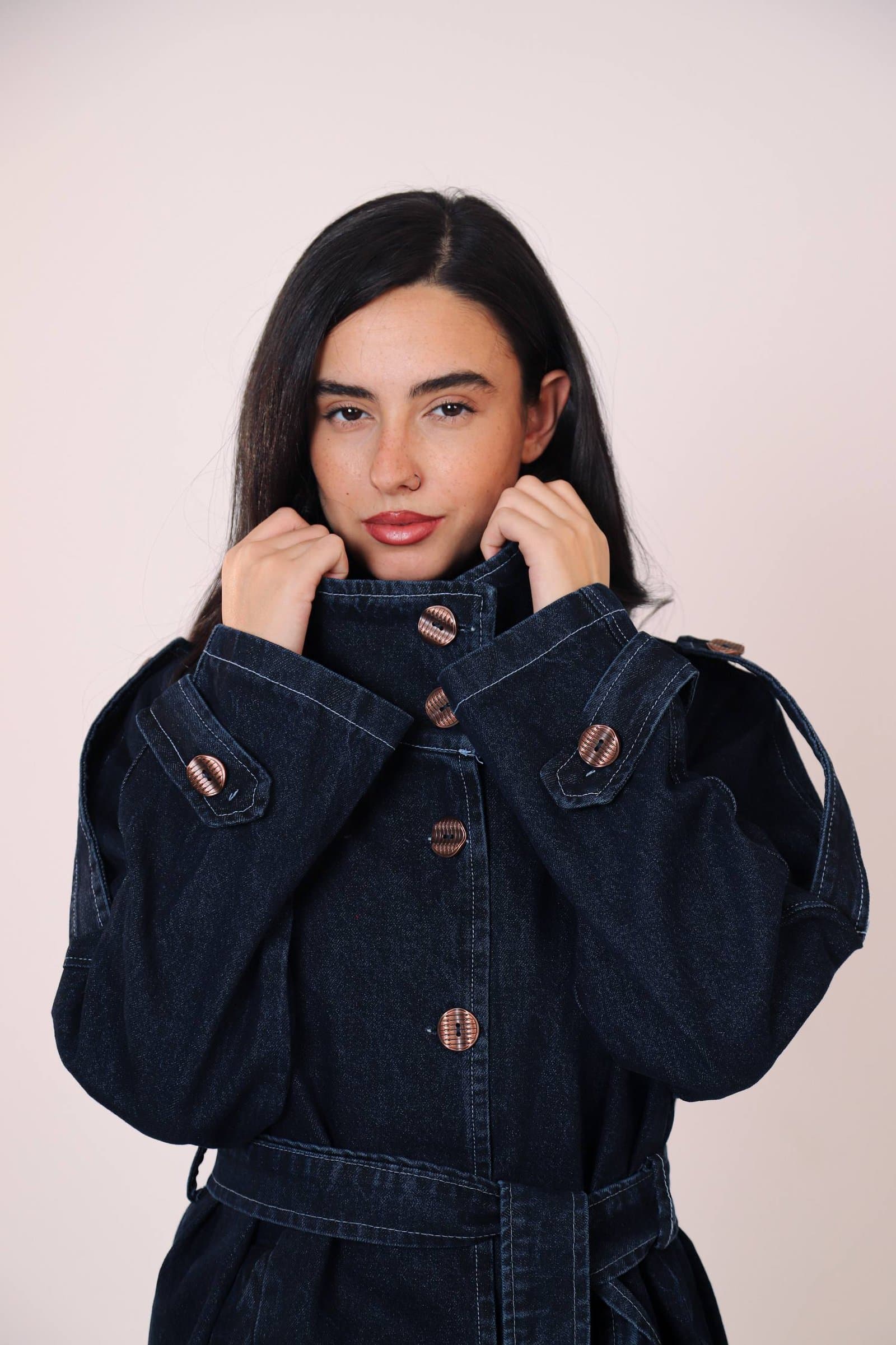 BELTED HIGH-NECK DENIM JACKET 