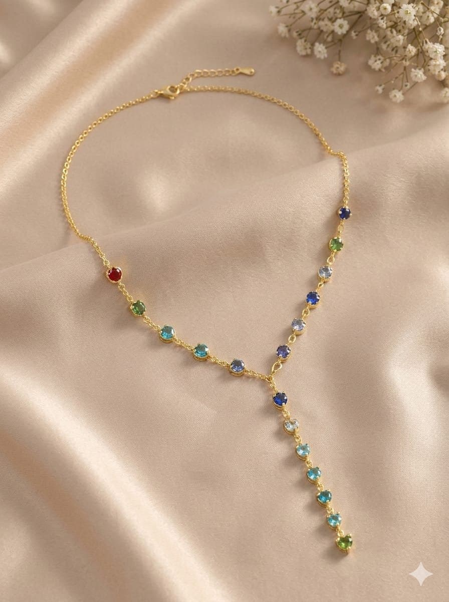 سلسلة Y مرصعة بفصوص ألوان قوس قزح - Rainbow Gemstone Lariat Necklace