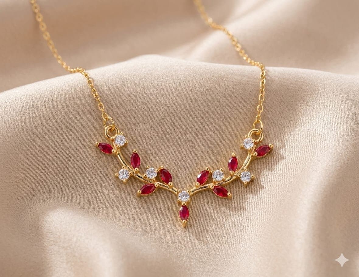 سلسلة غصن ورق شجر بفصوص حمراء - Red Leaf Branch Necklace