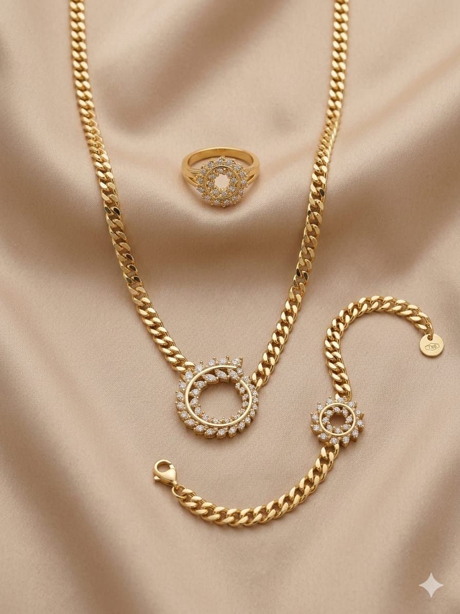 طقم جنزير كوبي 3 قطع - دائرة مرصعة فصوص - Cuban Circle Set