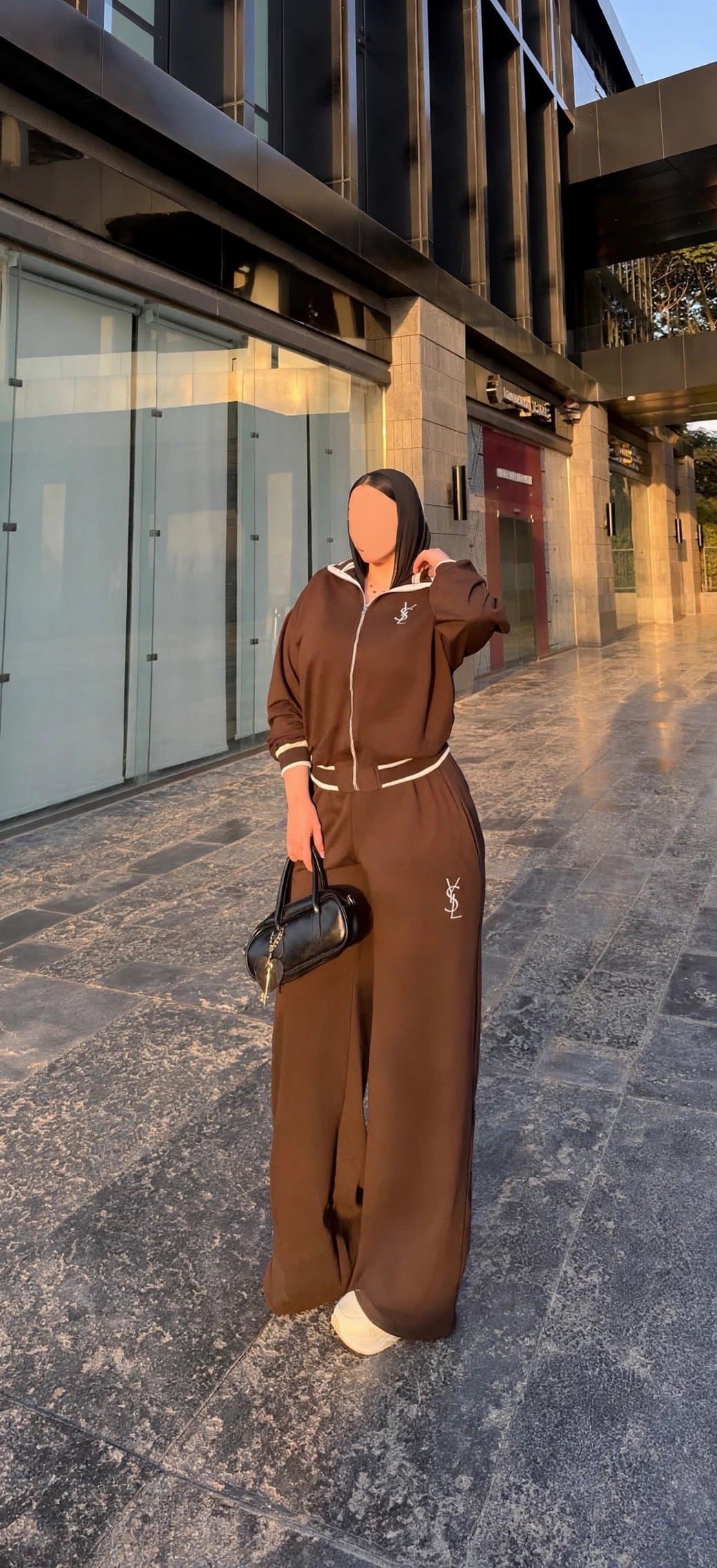 طقم YSL بني موكا - جاكيت بومبر + بنطلون وايد ليج