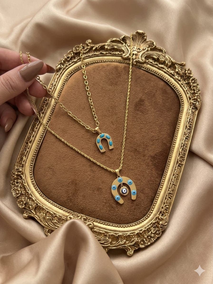 طقم سلسلتين حدوة حصان فيروزي بعين - Double Horseshoe Evil Eye Necklace Set