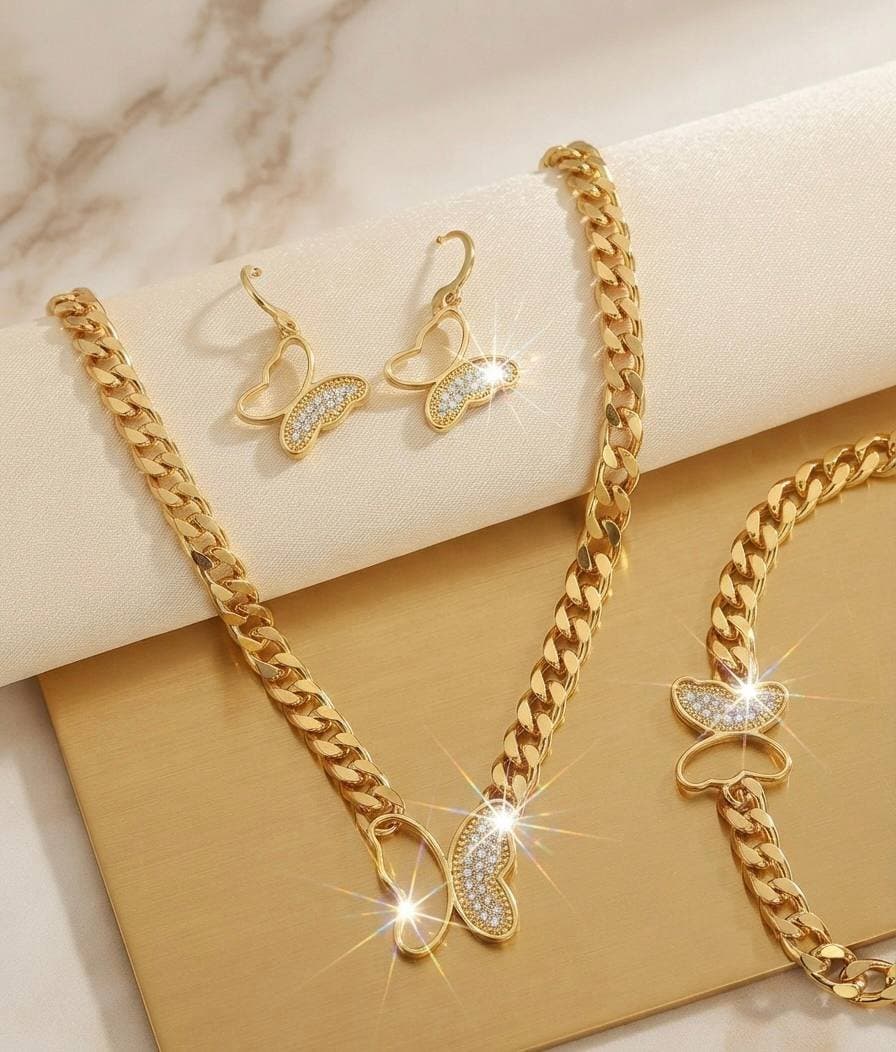 طقم عقد فراشة وانسيال فراشة وحلق فراشة - طقم Butterfly Cuban كامل