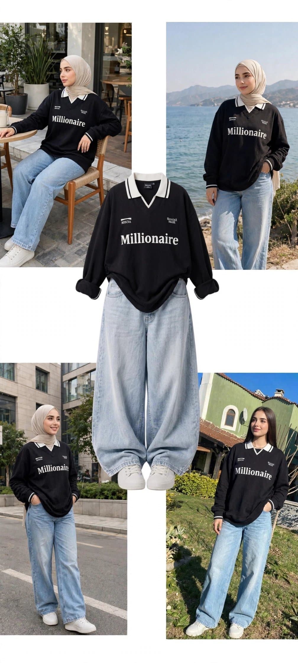 تيشيرت بولو Millionaire أوفرسايز - أسود × أبيض