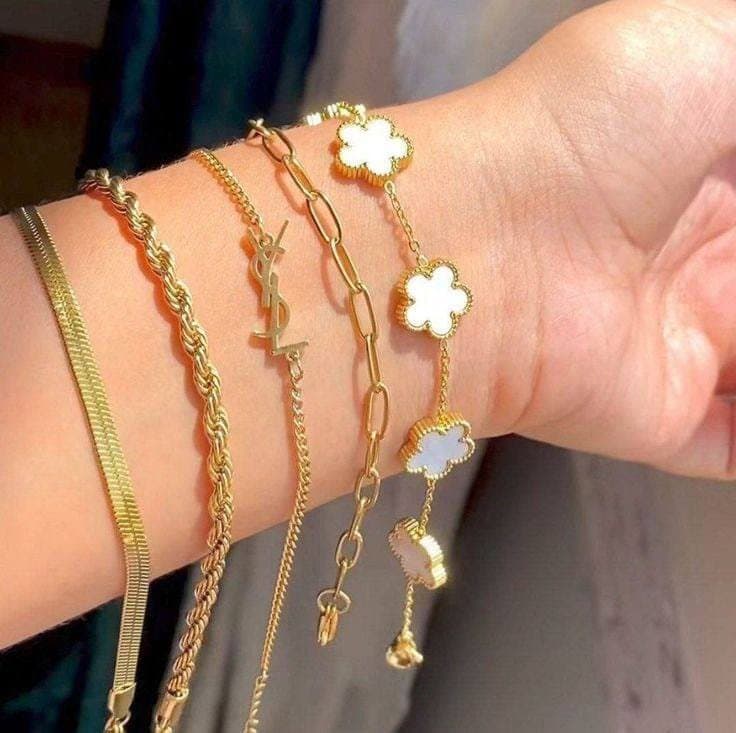 كومبو 5 اساور براند - YSL + فانكليف أبيض + جنزير - ستاك براند