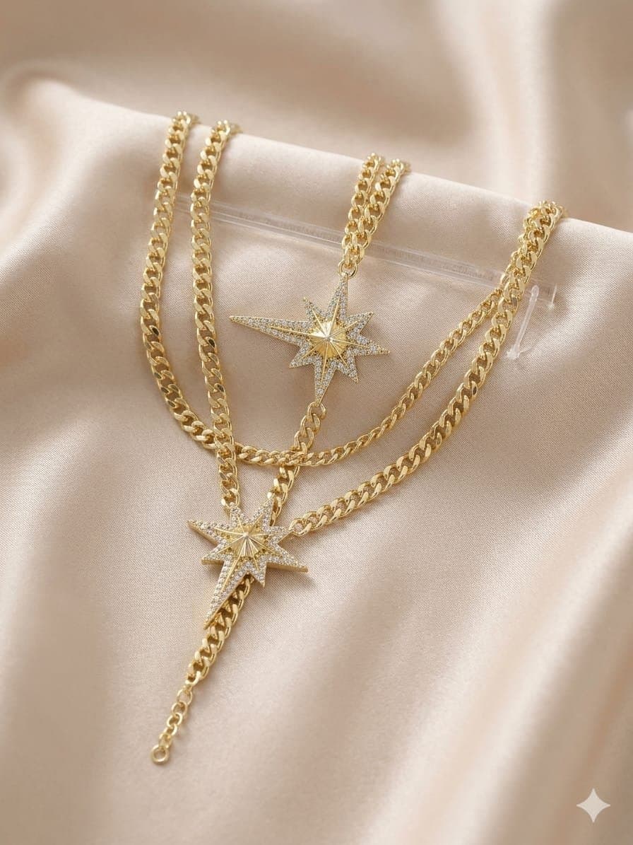 سلسلة طبقتين نجمة الشمال بجنزير كوبي - North Star Double Layer Necklace