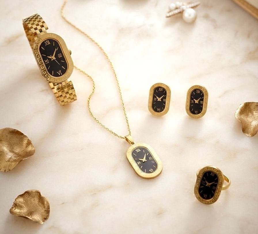 طقم ساعة وعقد وحلق وخاتم بيضاوي - طقم Watch Set 