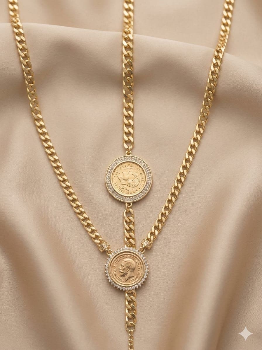 طقم كوين ملكي 2 قطع سلسلة وانسيال جنزير كوبي - Royal Coin Set